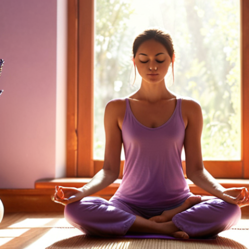 Home 19 **
A serene woman meditating in a sunlit room filled with lavender aromatherapy diffusers, creating a calming and peaceful atmosphere. Soft focus, warm tones.
**