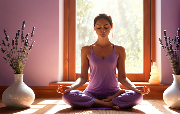 **

A serene woman meditating in a sunlit room filled with lavender aromatherapy diffusers, creating a calming and peaceful atmosphere. Soft focus, warm tones.

**