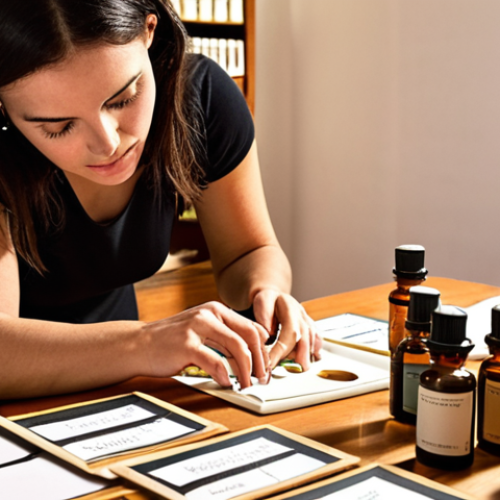 Home 18 ** A perfume workshop in Lisbon, Portugal. A perfumer is guiding a client in selecting different "notas olfativas" (olfactory notes) from a selection of essential oils. Focus on the sensory experience and the artistic/artisanal atmosphere.
**