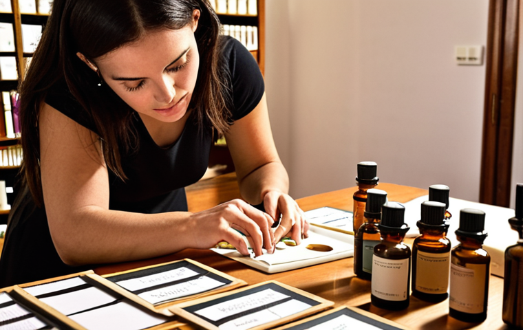 ** A perfume workshop in Lisbon, Portugal. A perfumer is guiding a client in selecting different "notas olfativas" (olfactory notes) from a selection of essential oils. Focus on the sensory experience and the artistic/artisanal atmosphere.

**