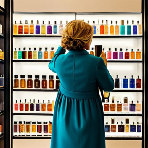 Home 17 Perfumery Visit**
A woman, fully clothed in a modest dress, browsing perfumes at a high-end perfumery in Lisbon, Portugal. The shelves are filled with colorful perfume bottles. Soft, diffused lighting. Safe for work, appropriate content, professional, perfect anatomy, natural proportions, well-formed hands, proper finger count.
**