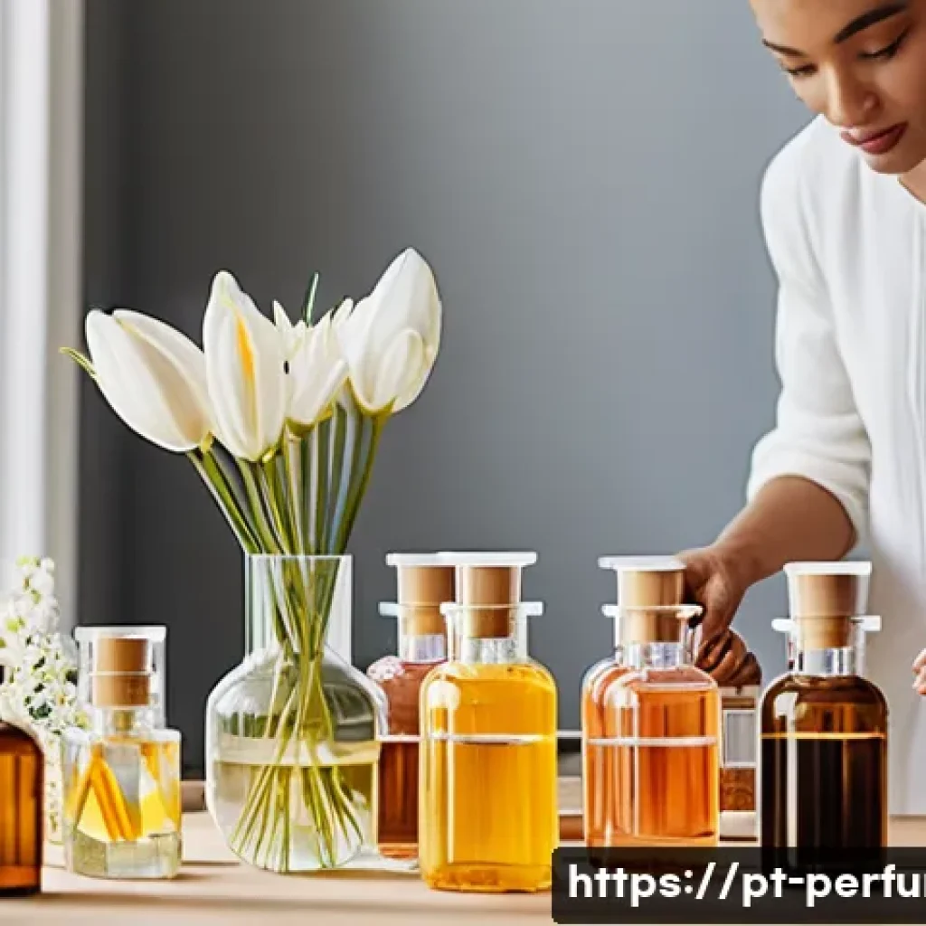 향수 복합 향기 사용법 - A sophisticated and elegant perfume workshop scene showing a diverse group of adults experimenting w...