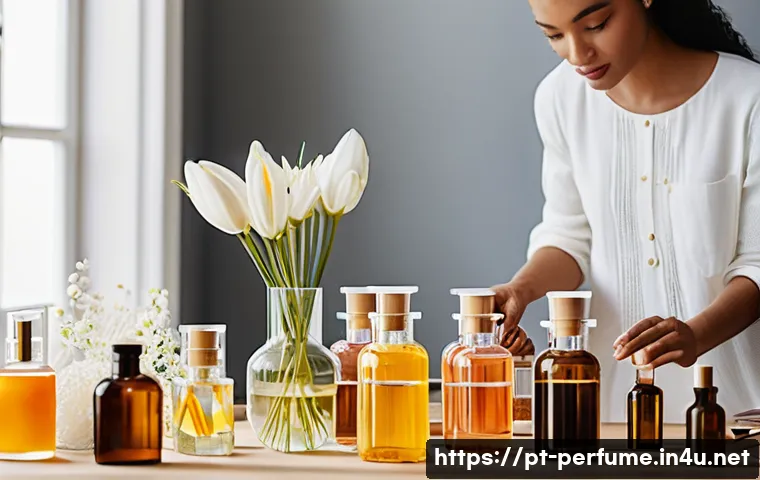 향수 복합 향기 사용법 - A sophisticated and elegant perfume workshop scene showing a diverse group of adults experimenting w...