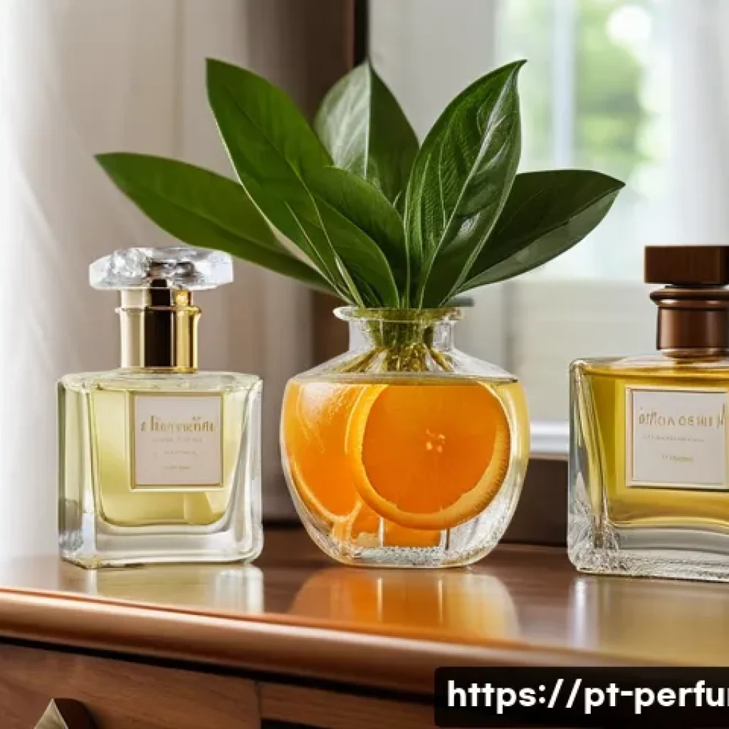 향수 구매 시 체크리스트 - A sophisticated perfume bottle display on a polished wooden vanity in a softly lit Brazilian bedroom...