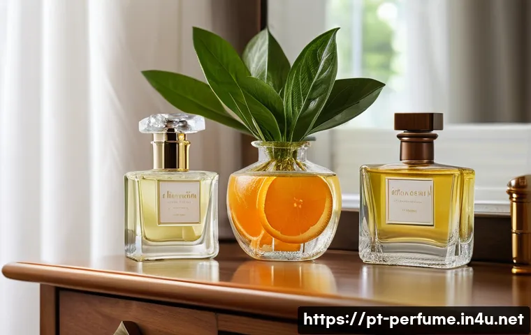 향수 구매 시 체크리스트 - A sophisticated perfume bottle display on a polished wooden vanity in a softly lit Brazilian bedroom...