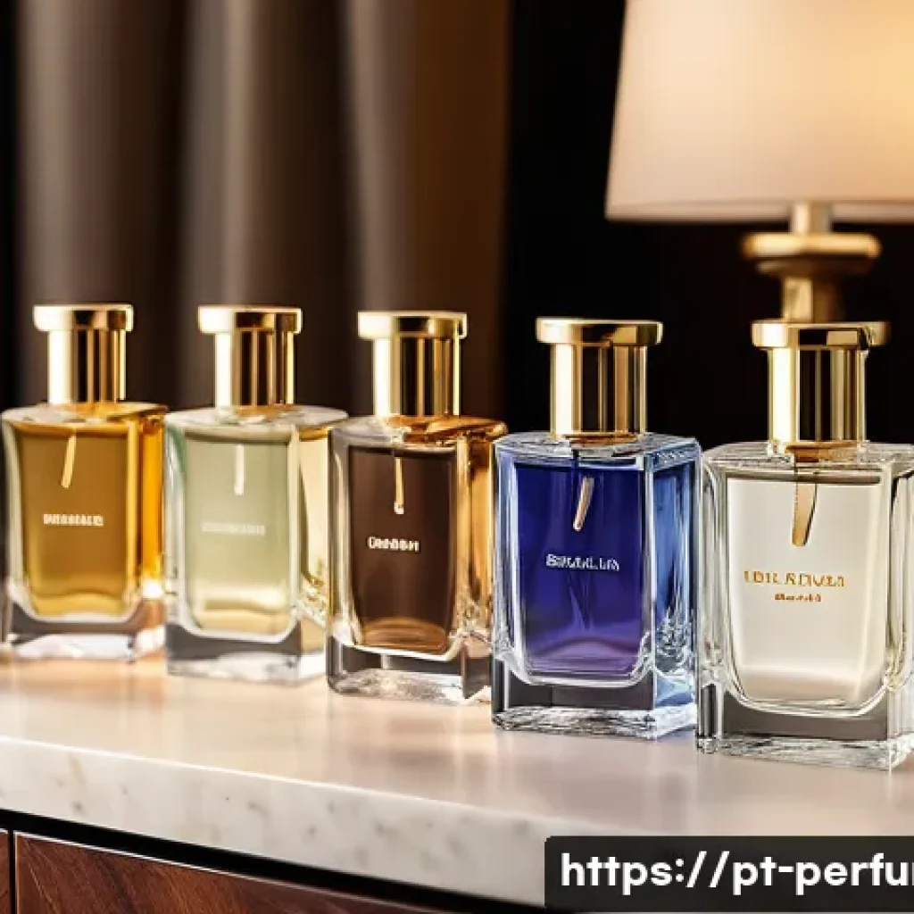 향수 관련 유튜브 채널 - A sophisticated perfume display featuring elegant glass bottles labeled "Parfum," "Eau de Parfum," "...