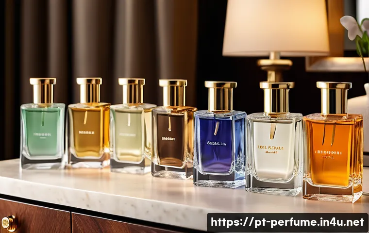 향수 관련 유튜브 채널 - A sophisticated perfume display featuring elegant glass bottles labeled "Parfum," "Eau de Parfum," "...