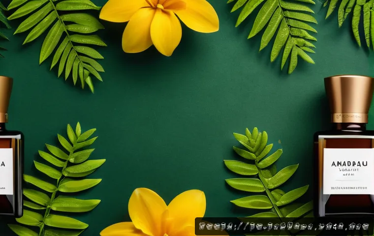 향수의 글로벌 트렌드 - A lush, vibrant Brazilian rainforest setting featuring native ingredients like cumaru seeds, bright ...