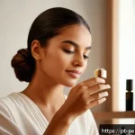 향수의 지속적인 변화 - A close-up portrait of a young Brazilian woman with medium skin tone, applying perfume on her wrist ...