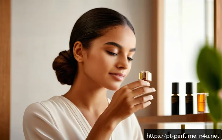 향수의 지속적인 변화 - A close-up portrait of a young Brazilian woman with medium skin tone, applying perfume on her wrist ...