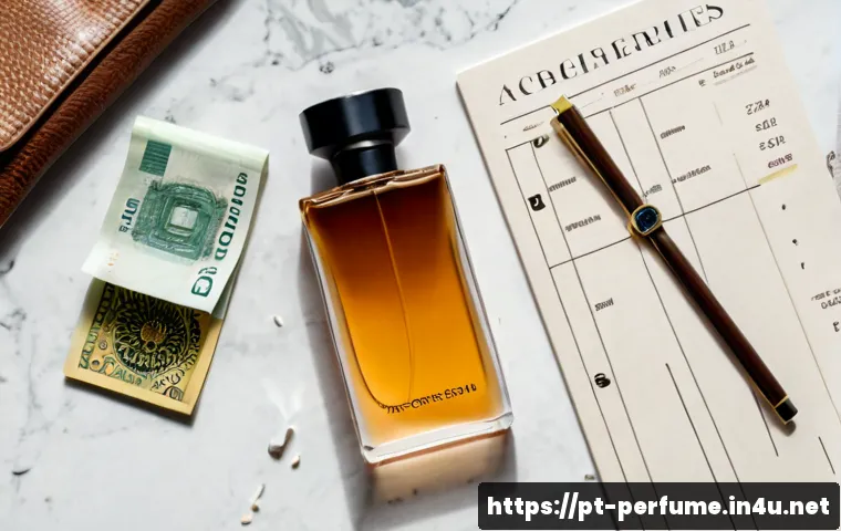 Home 17 향수 구매 전 체크리스트 - Photorealistic top-down flat lay of a perfume purchase checklist concept, an elegant unbranded glass...
