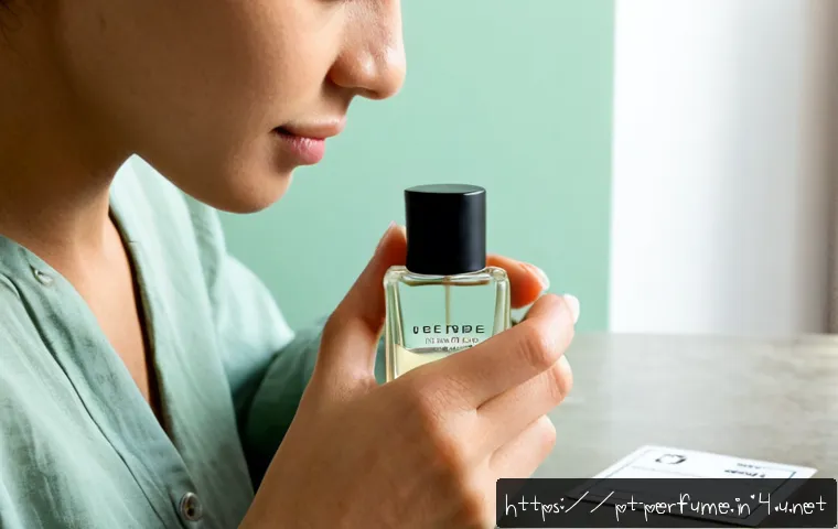 Home 17 향수와 피부 민감도 - Photorealistic close-up of a Portuguese woman with sensitive skin calmly testing a tiny amount of pe...